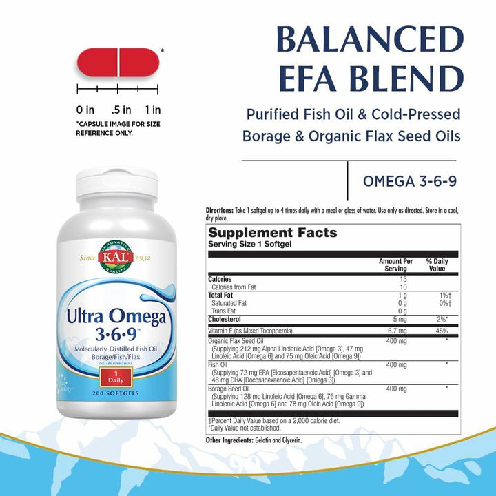 KAL Ultra Omega 3-6-9 1200mg | Fish Oil w/Cold Pressed Flaxseed &amp; Borage Oil | Skin, Hair, Heart, Memory | 200 Softgels - The Oasis of Health