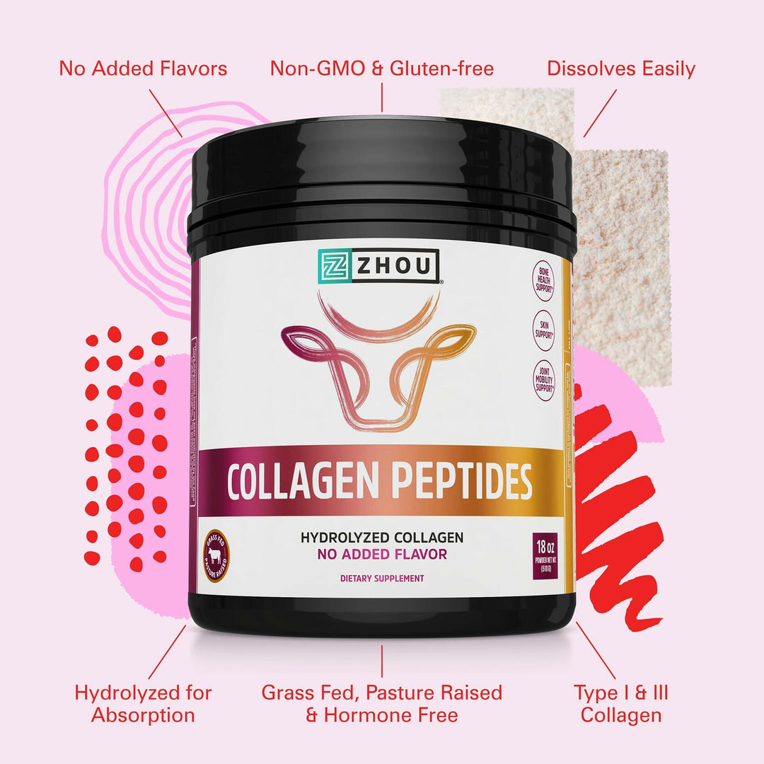 Zhou Collagen Peptides - Pure Hydrolized Collagen Powder for Women &amp; Men, Grass Fed Natural Bovine Collagen for Skin, Hair Growth, Joints &amp; Bones - 18 oz Jar (46 Servings)