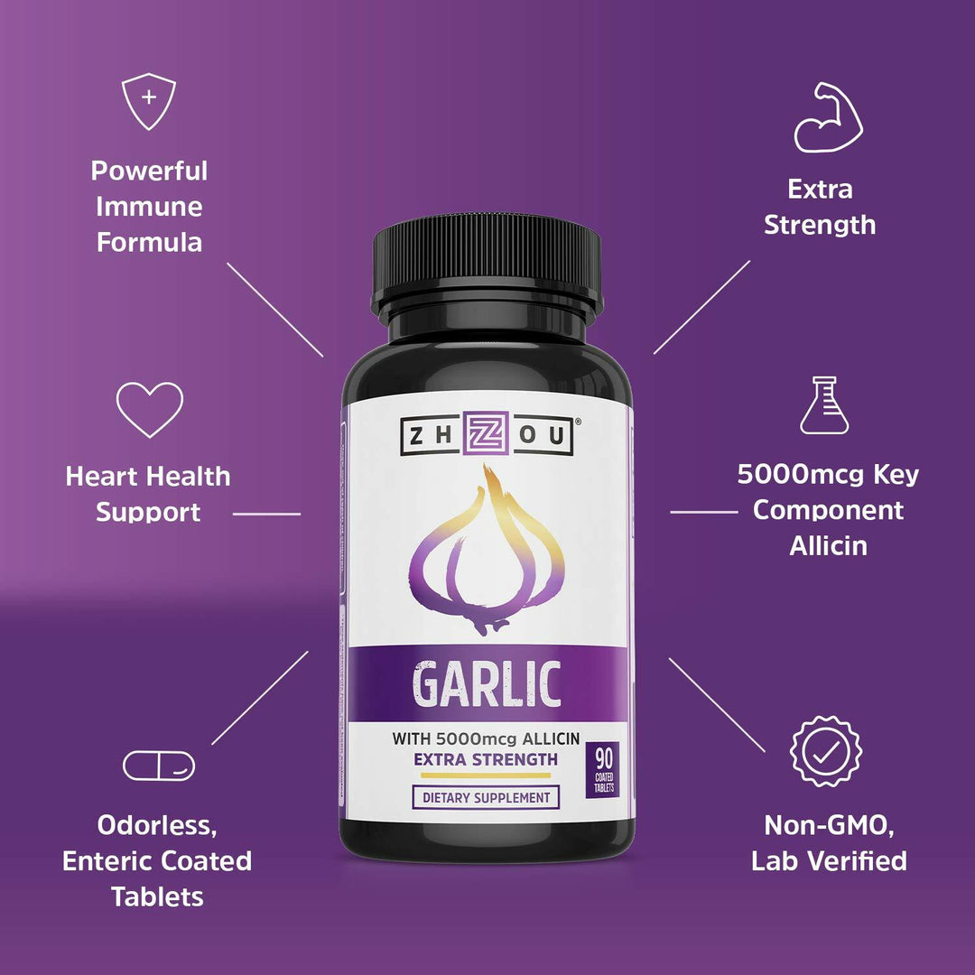 Zhou Garlic with Allicin - Garlic Supplements, Odorless Garlic Extract Pills for Men &amp; Women, 5000 mcg Allicin Per Tablet for Immune &amp; Heart Health - 90 Coated Tablets (Pack of 1)