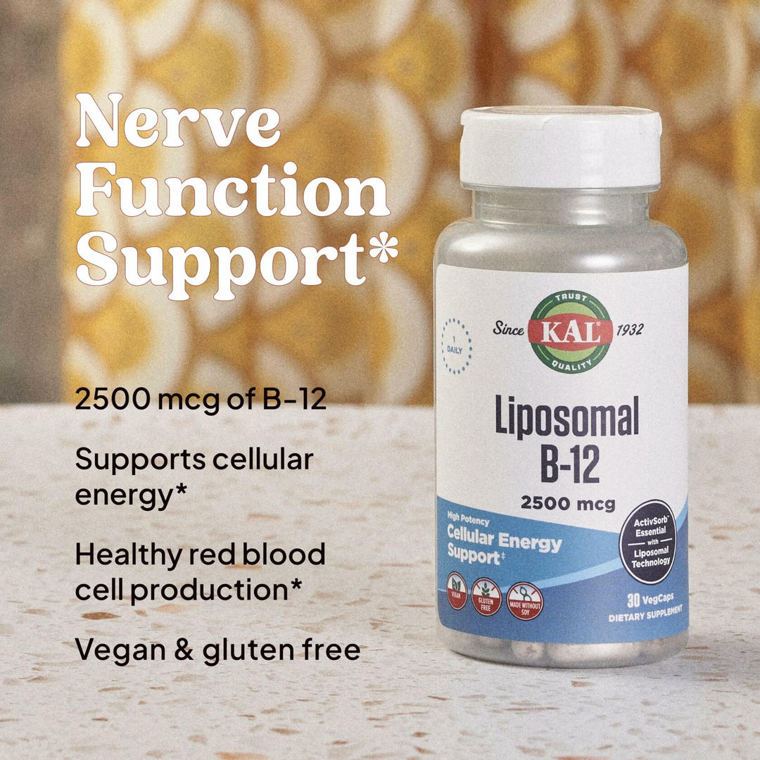 KAL Liposomal Vitamin B12 2500 mcg, High Absorption, Liposomal Technology, Cellular Energy Support, Vegan Capsules, Gluten Free, Made Without Soy, 30 Servings