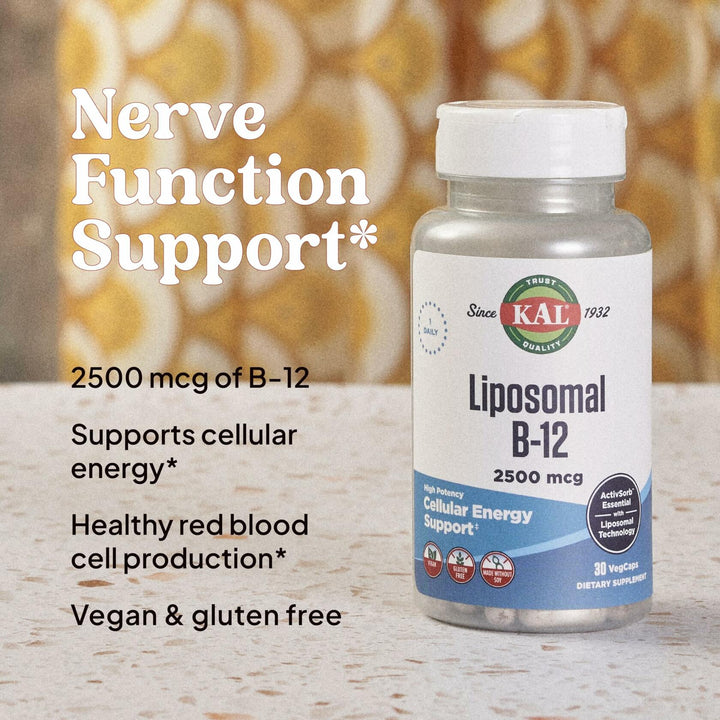 KAL Liposomal Vitamin B12 2500 mcg, High Absorption, Liposomal Technology, Cellular Energy Support, Vegan Capsules, Gluten Free, Made Without Soy, 30 Servings