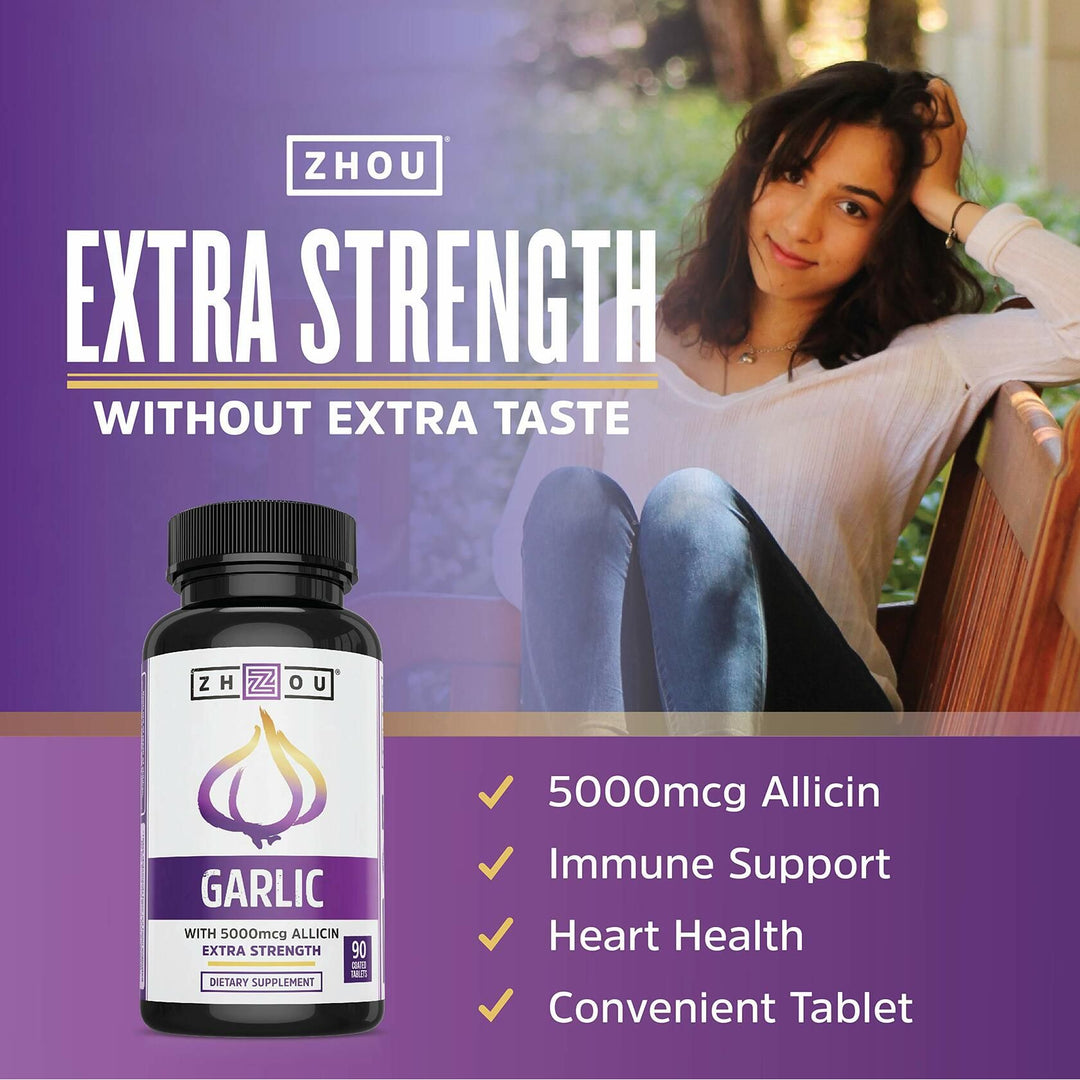 Zhou Garlic with Allicin - Garlic Supplements, Odorless Garlic Extract Pills for Men &amp; Women, 5000 mcg Allicin Per Tablet for Immune &amp; Heart Health - 90 Coated Tablets (Pack of 1)