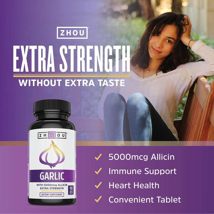 Zhou Garlic with Allicin - Garlic Supplements, Odorless Garlic Extract Pills for Men &amp; Women, 5000 mcg Allicin Per Tablet for Immune &amp; Heart Health - 90 Coated Tablets (Pack of 1)
