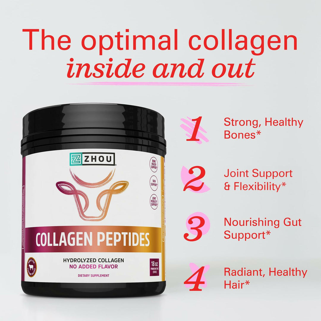 Zhou Collagen Peptides - Pure Hydrolized Collagen Powder for Women &amp; Men, Grass Fed Natural Bovine Collagen for Skin, Hair Growth, Joints &amp; Bones - 18 oz Jar (46 Servings)