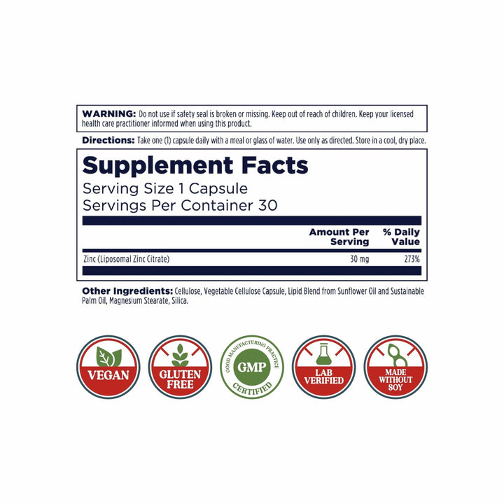KAL Liposomal Zinc 30mg, Cellular Function and Immune Support Supplement, Enhanced Absorption Zinc Supplements, Vegan, Gluten Free, Soy Free, 30 Servings, 30 VegCaps