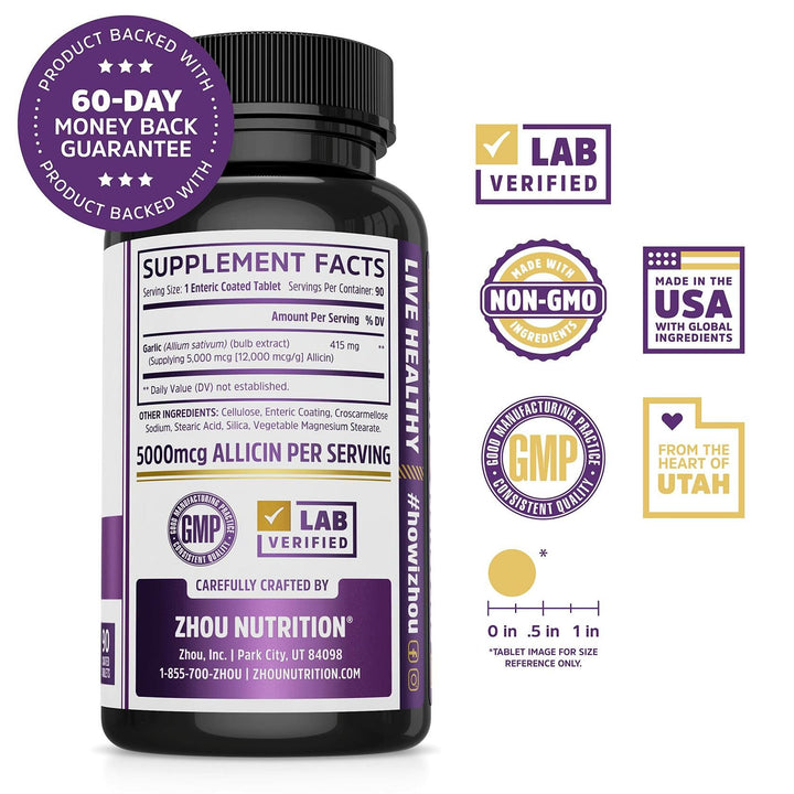 Zhou Garlic with Allicin - Garlic Supplements, Odorless Garlic Extract Pills for Men &amp; Women, 5000 mcg Allicin Per Tablet for Immune &amp; Heart Health - 90 Coated Tablets (Pack of 1)