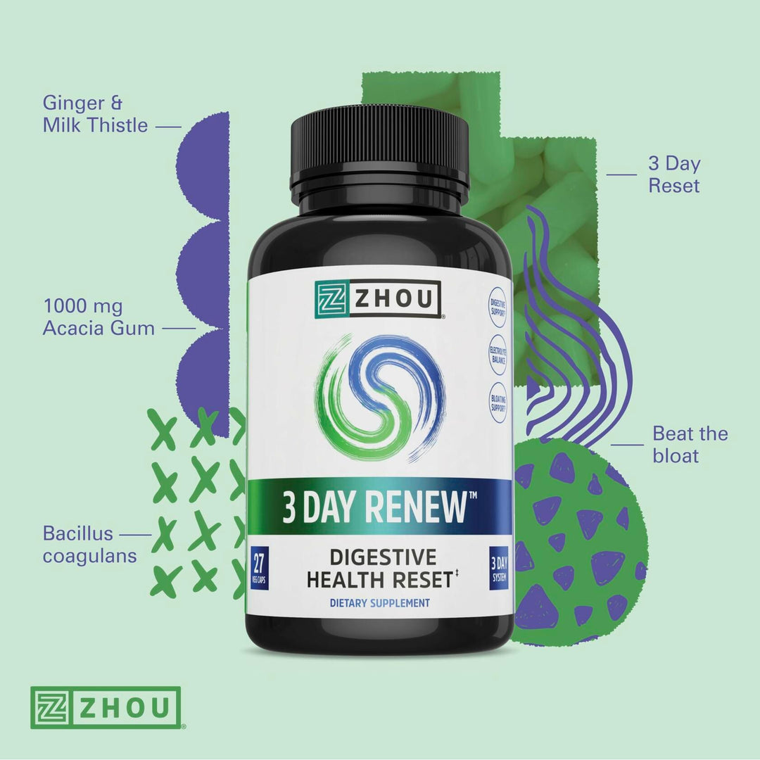 Zhou 3 Day Renew - Probiotics for Digestive Health, Probiotics for Men and Women, Gut Health &amp; Natural Reset Support Supplement with Ginger and Aloe - 27 Veg Caps