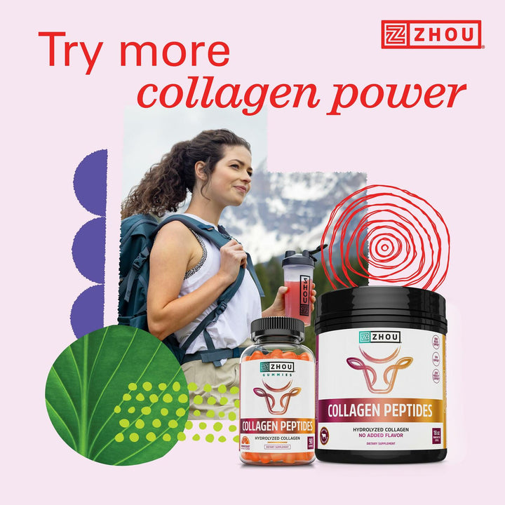 Zhou Collagen Peptides - Pure Hydrolized Collagen Powder for Women &amp; Men, Grass Fed Natural Bovine Collagen for Skin, Hair Growth, Joints &amp; Bones - 18 oz Jar (46 Servings)
