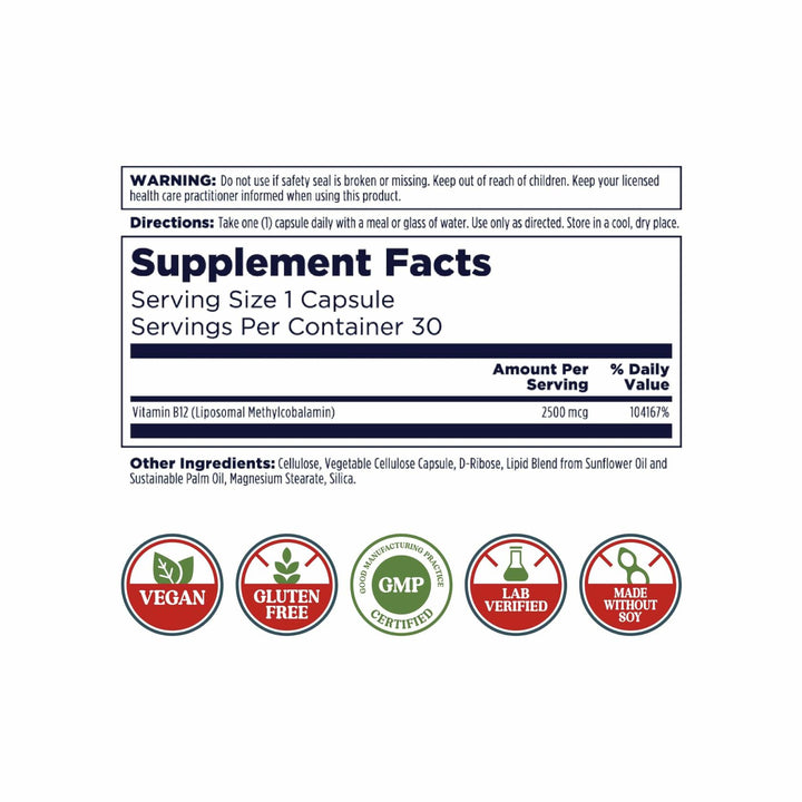 KAL Liposomal Vitamin B12 2500 mcg, High Absorption, Liposomal Technology, Cellular Energy Support, Vegan Capsules, Gluten Free, Made Without Soy, 30 Servings
