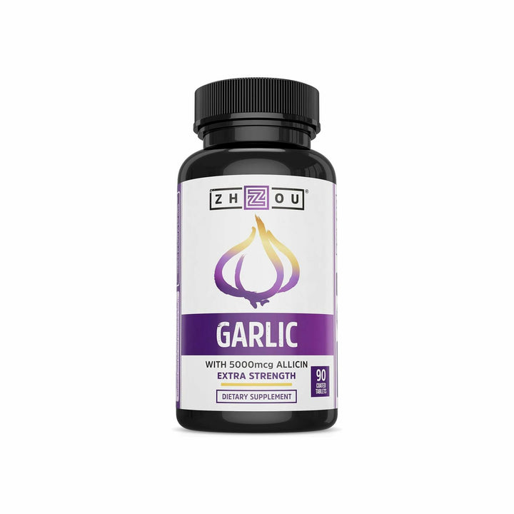 Zhou Garlic with Allicin - Garlic Supplements, Odorless Garlic Extract Pills for Men &amp; Women, 5000 mcg Allicin Per Tablet for Immune &amp; Heart Health - 90 Coated Tablets (Pack of 1)