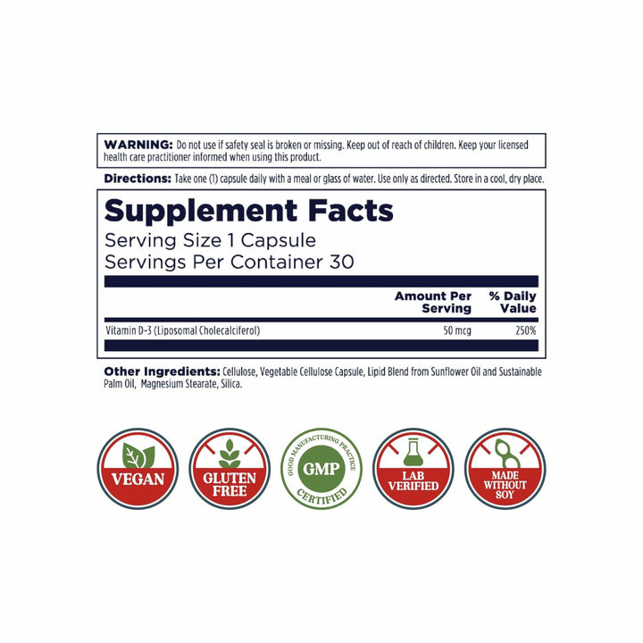 KAL Liposomal Vitamin D3 50 mcg, High Absorption Vitamin D, Liposomal Technology, High Potency Immune Support, Vegan Capsules, Gluten Free, No Soy, 30 Servings
