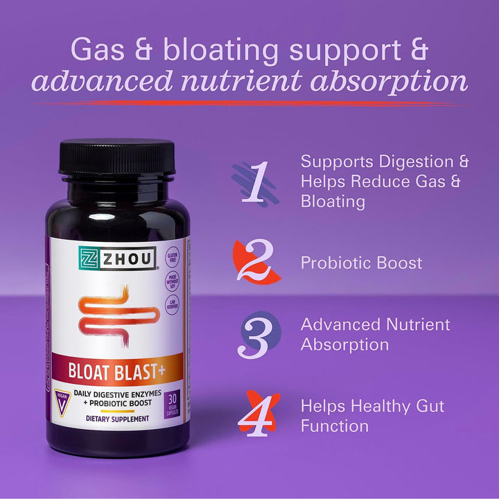 Zhou Nutrition Bloat Blast+ - Digestive Support Supplement for Women &amp; Men, Daily Digestive Enzymes with Probiotics for Gut Health, Gluten Free, Vegan - 30 Veggie Capsules