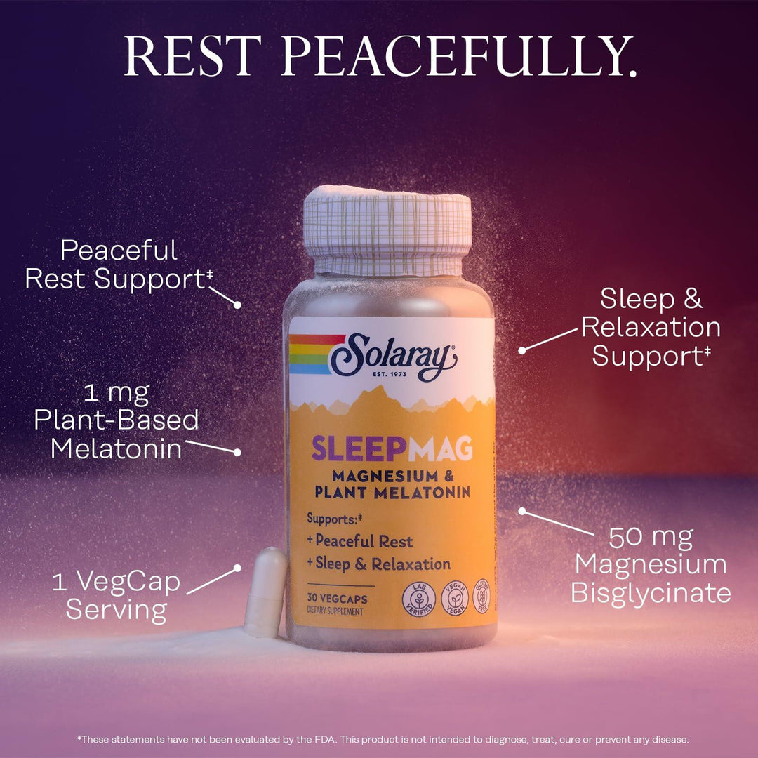 Solaray SleepMag – Magnesium Glycinate & Melatonin 1 mg Sleep Aid - Relaxation & Restful Sleep Support – Plant-Based Melatonin and Magnesium Bisglycinate, Vegan, Gluten Free – 30 Servings, 30 VegCaps