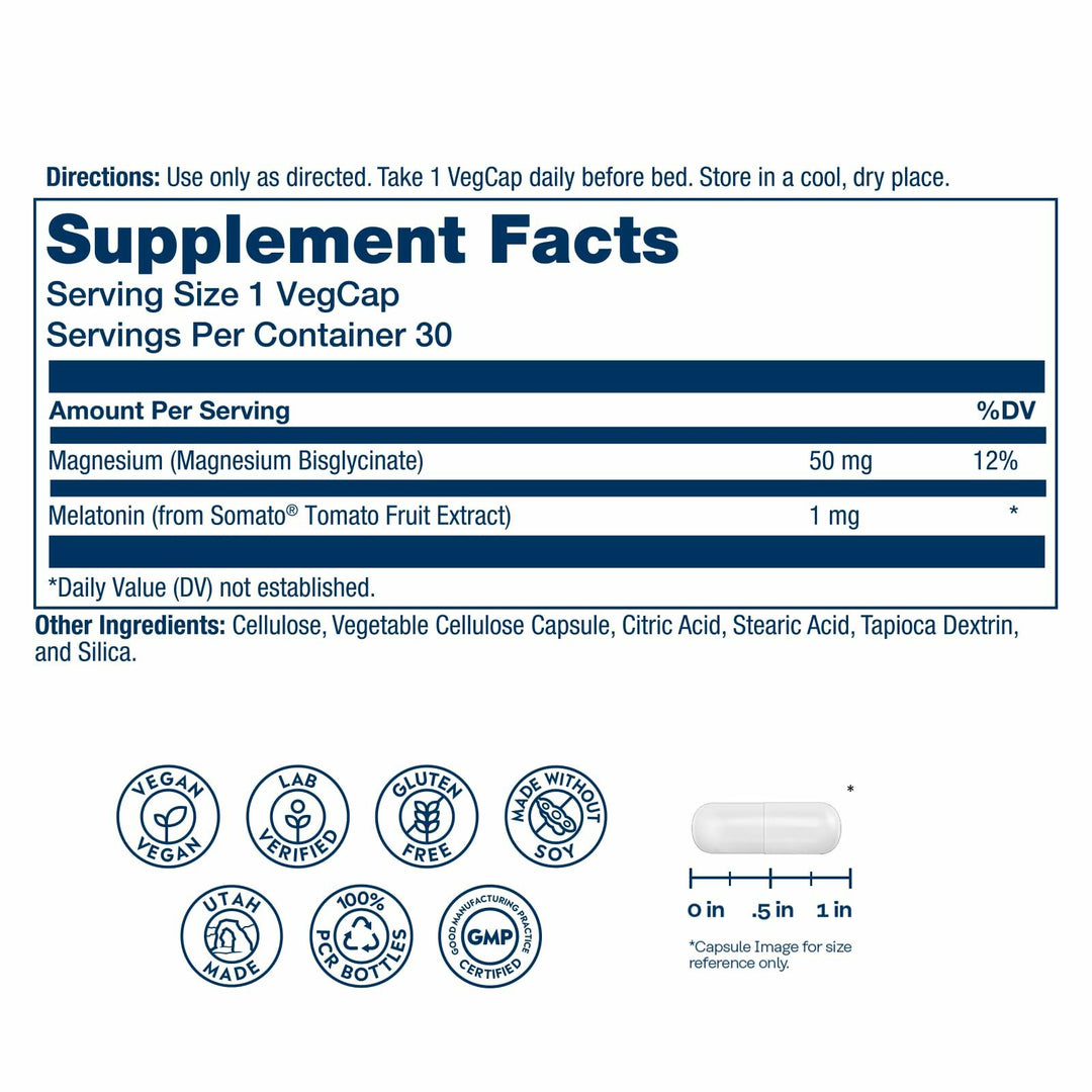 Solaray SleepMag – Magnesium Glycinate & Melatonin 1 mg Sleep Aid - Relaxation & Restful Sleep Support – Plant-Based Melatonin and Magnesium Bisglycinate, Vegan, Gluten Free – 30 Servings, 30 VegCaps