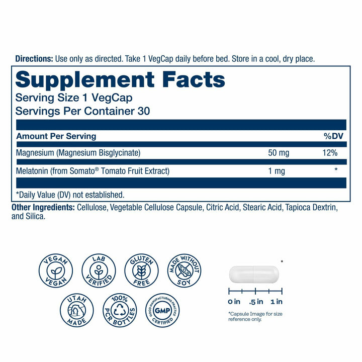 Solaray SleepMag – Magnesium Glycinate & Melatonin 1 mg Sleep Aid - Relaxation & Restful Sleep Support – Plant-Based Melatonin and Magnesium Bisglycinate, Vegan, Gluten Free – 30 Servings, 30 VegCaps