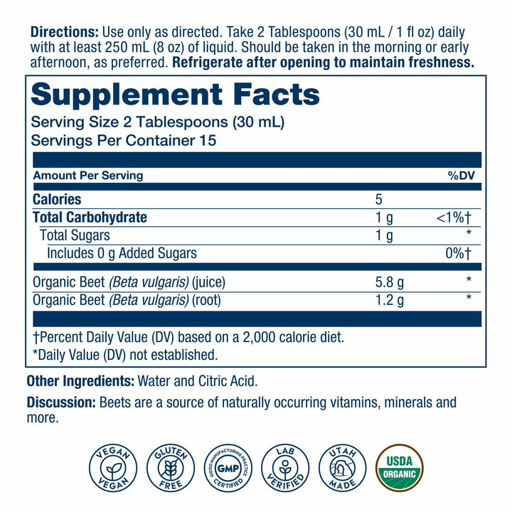 SOLARAY Organic Beet Root Juice from Concentrate - from Nutrient-Dense Organic Beets - No Added Sugar - Vegan, Gluten Free, Lab Verified, 60-Day Guarantee - 16oz, 15 Servings