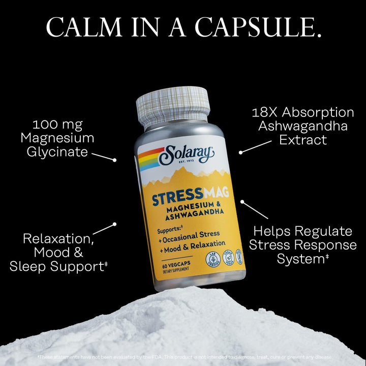 Solaray StressMag – Magnesium Glycinate Plus Ashwagandha for Women and Men - Relaxation, Mood &amp; Occasional Stress Support – Magnesium Supplement with Bisglycinate – 30 Servings, 60 VegCaps