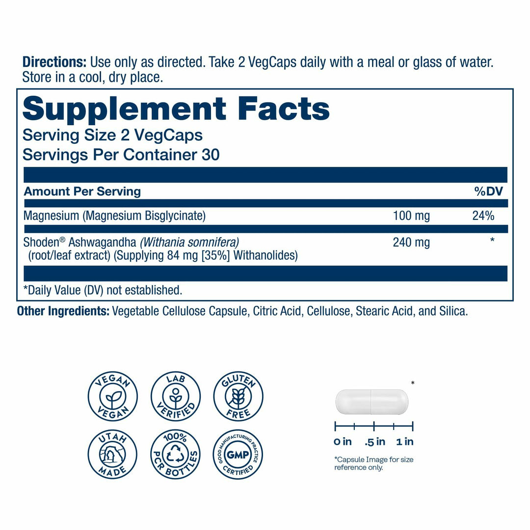 Solaray StressMag – Magnesium Glycinate Plus Ashwagandha for Women and Men - Relaxation, Mood &amp; Occasional Stress Support – Magnesium Supplement with Bisglycinate – 30 Servings, 60 VegCaps