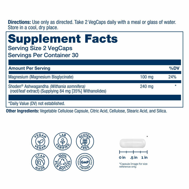 Solaray StressMag – Magnesium Glycinate Plus Ashwagandha for Women and Men - Relaxation, Mood &amp; Occasional Stress Support – Magnesium Supplement with Bisglycinate – 30 Servings, 60 VegCaps