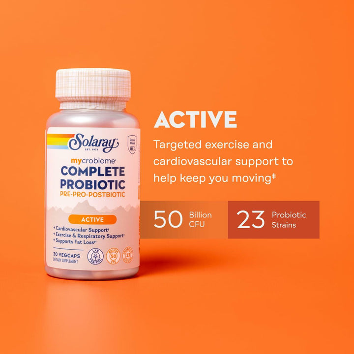 SOLARAY Mycrobiome Complete Probiotic Active - Pre and Probiotics for Women and Men Plus Postbiotic - 50 Billion CFU, 23 Strains - Vegan, Clinically Studied Ingredients - 30 Servings, 30 VegCaps