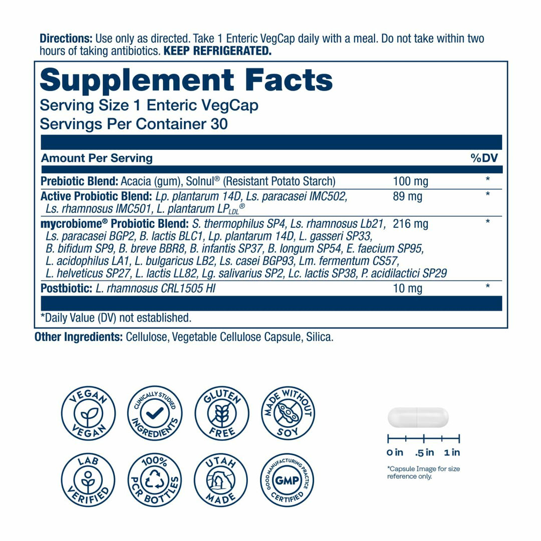 SOLARAY Mycrobiome Complete Probiotic Active - Pre and Probiotics for Women and Men Plus Postbiotic - 50 Billion CFU, 23 Strains - Vegan, Clinically Studied Ingredients - 30 Servings, 30 VegCaps