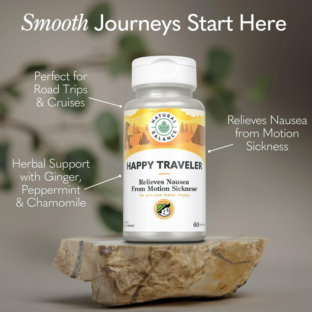 NATURAL BALANCE Happy Traveler - Travel Essentials - Nausea Relief from Motion Sickness with Ginger Root, Peppermint, Vitamin B6 and Magnesium - Lab Verified, 60-Day Guarantee, 30 Servings, 60 VegCaps