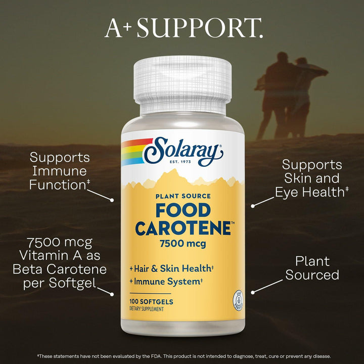 SOLARAY Food Carotene 7500mcg (25000 IU) - Beta Carotene Vitamin A Supplement - Wellness and Immune Support Supplement, Potent Eye Vitamins and Skin Food, Plant Sourced, 60-Day Guarantee, 100 Softgels