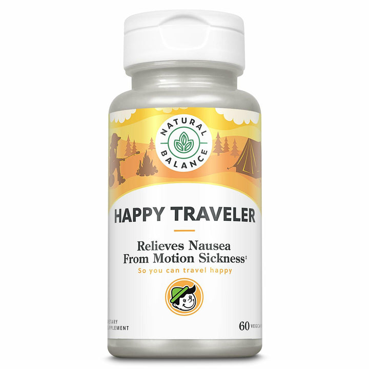NATURAL BALANCE Happy Traveler - Travel Essentials - Nausea Relief from Motion Sickness with Ginger Root, Peppermint, Vitamin B6 and Magnesium - Lab Verified, 60-Day Guarantee, 30 Servings, 60 VegCaps