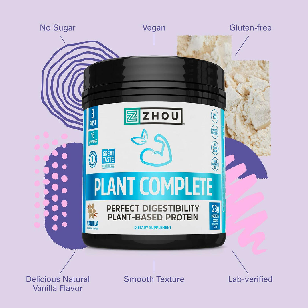 Zhou Plant Complete Vegan Protein Powder - Plant Based Protein Powder for Women &amp; Men, Non Dairy Rice &amp; Pea Protein Blend for Smoothies and Shakes, 21g Per Serving - Vanilla, 17.7oz (16 Servings)