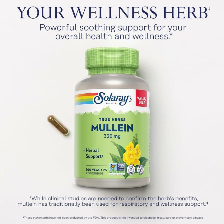 SOLARAY Mullein Leaf 330 mg - Soothing Herbal Support - Mullein Capsules Traditionally Used to Support Health and Wellness - Vegan, Non-GMO, Lab Verified, 60-Day Guarantee, 200 Servings, 200 VegCaps