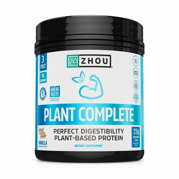 Zhou Plant Complete Vegan Protein Powder - Plant Based Protein Powder for Women &amp; Men, Non Dairy Rice &amp; Pea Protein Blend for Smoothies and Shakes, 21g Per Serving - Vanilla, 17.7oz (16 Servings)