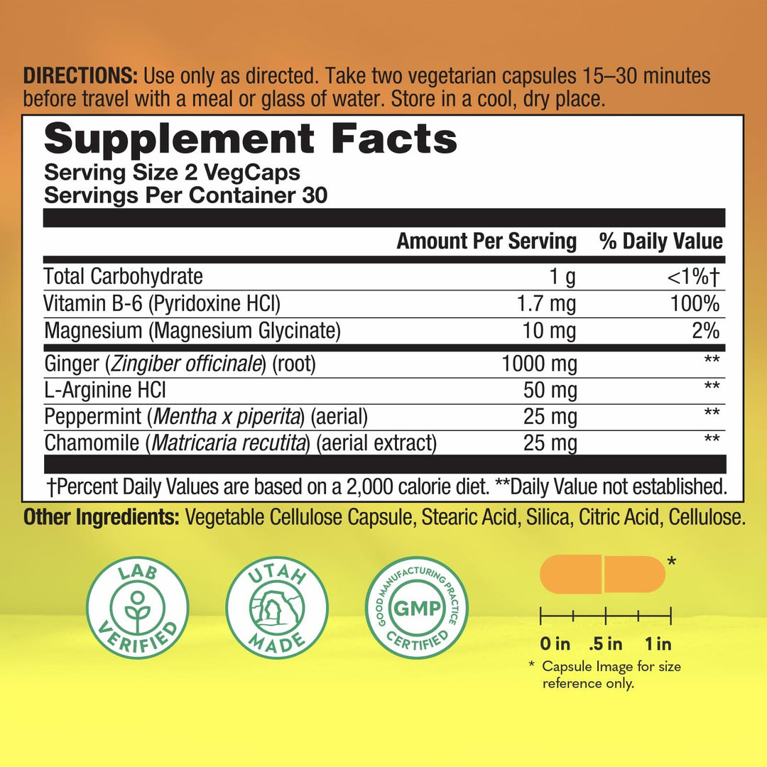 NATURAL BALANCE Happy Traveler - Travel Essentials - Nausea Relief from Motion Sickness with Ginger Root, Peppermint, Vitamin B6 and Magnesium - Lab Verified, 60-Day Guarantee, 30 Servings, 60 VegCaps