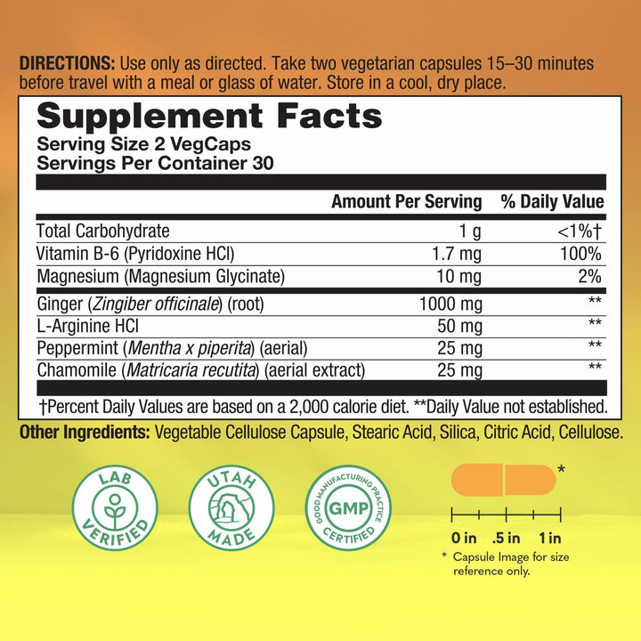 NATURAL BALANCE Happy Traveler - Travel Essentials - Nausea Relief from Motion Sickness with Ginger Root, Peppermint, Vitamin B6 and Magnesium - Lab Verified, 60-Day Guarantee, 30 Servings, 60 VegCaps