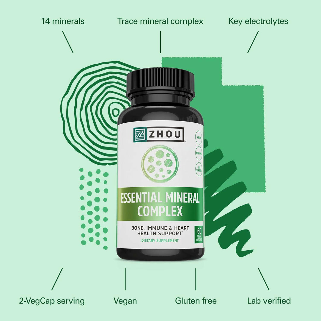 Zhou Essential Mineral Complex Full-Spectrum Minerals for Bone, Immune, Muscle, Heart &amp; Antioxidant Support Vegan, Gluten Free, Non-GMO 30 Servings, 60 VegCaps
