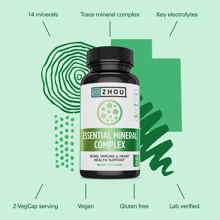 Zhou Essential Mineral Complex Full-Spectrum Minerals for Bone, Immune, Muscle, Heart &amp; Antioxidant Support Vegan, Gluten Free, Non-GMO 30 Servings, 60 VegCaps