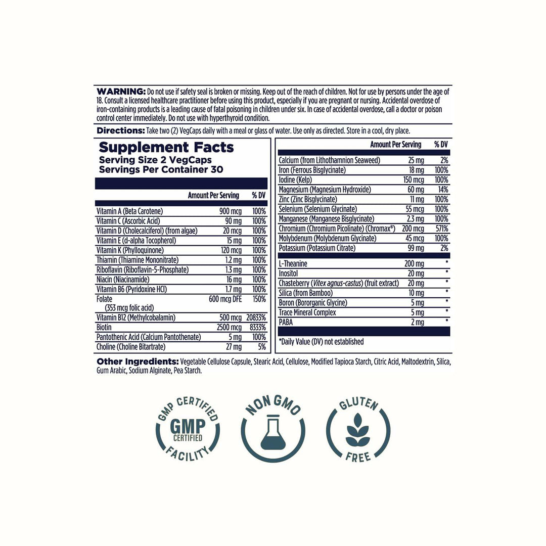 KAL Women’s 18 Plus Multivitamin – Iron Supplement and Multivitamin for Women with Vitamin D and Vitamin C - Support for PMS, Cellular Energy, Mood, Immune Health – 30 Servings, 60 VegCaps