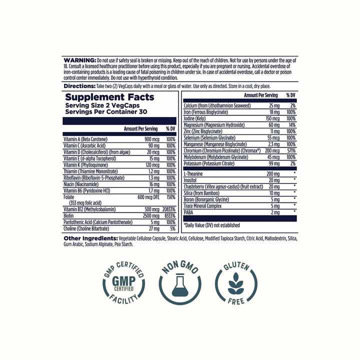 KAL Women’s 18 Plus Multivitamin – Iron Supplement and Multivitamin for Women with Vitamin D and Vitamin C - Support for PMS, Cellular Energy, Mood, Immune Health – 30 Servings, 60 VegCaps