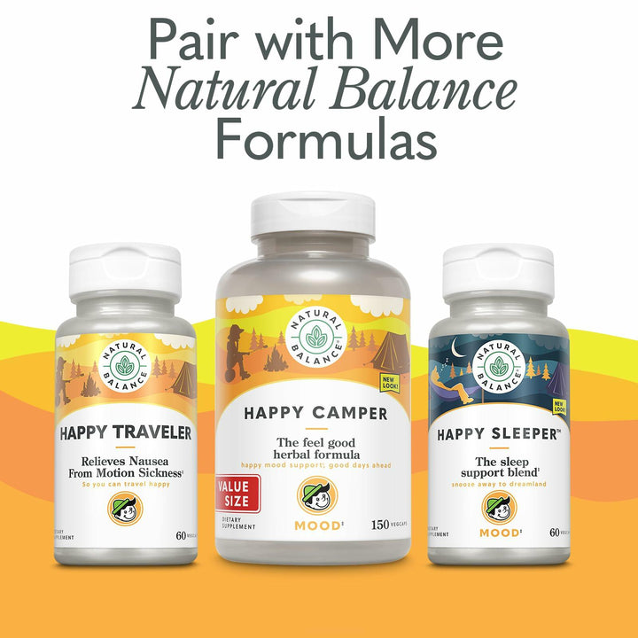NATURAL BALANCE Happy Traveler - Travel Essentials - Nausea Relief from Motion Sickness with Ginger Root, Peppermint, Vitamin B6 and Magnesium - Lab Verified, 60-Day Guarantee, 30 Servings, 60 VegCaps