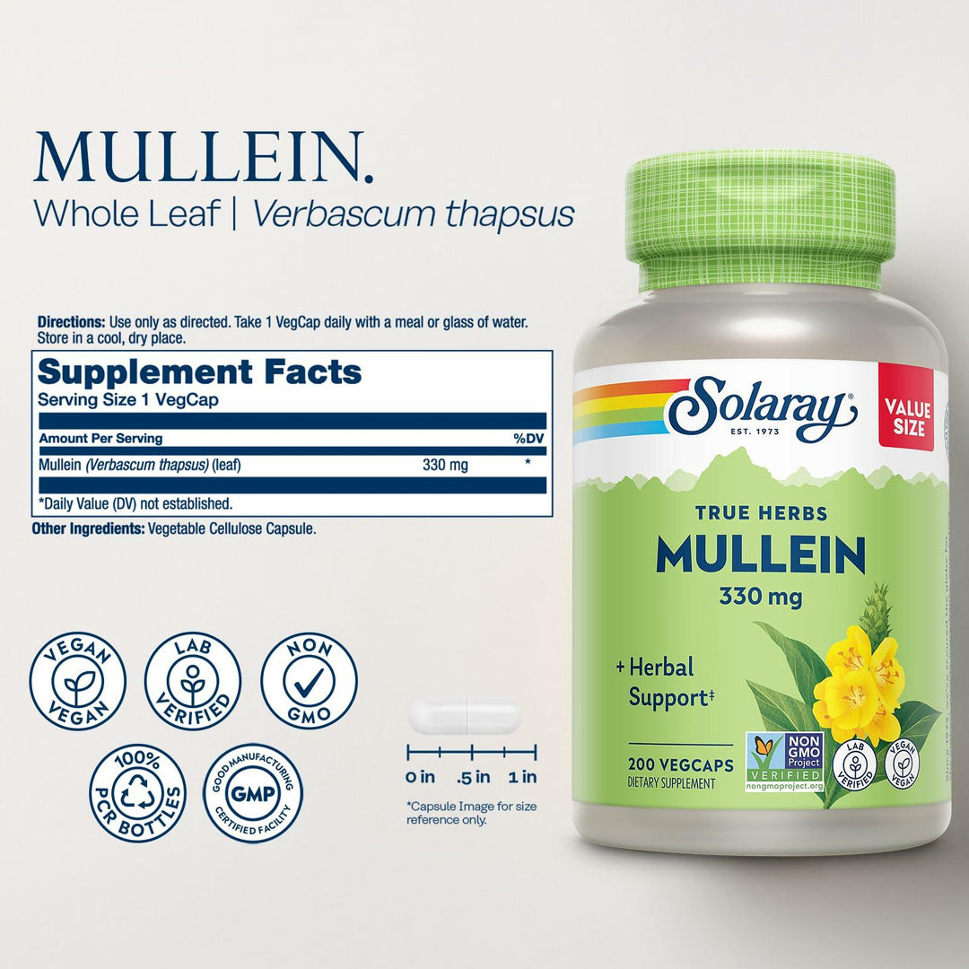 SOLARAY Mullein Leaf 330 mg - Soothing Herbal Support - Mullein Capsules Traditionally Used to Support Health and Wellness - Vegan, Non-GMO, Lab Verified, 60-Day Guarantee, 200 Servings, 200 VegCaps