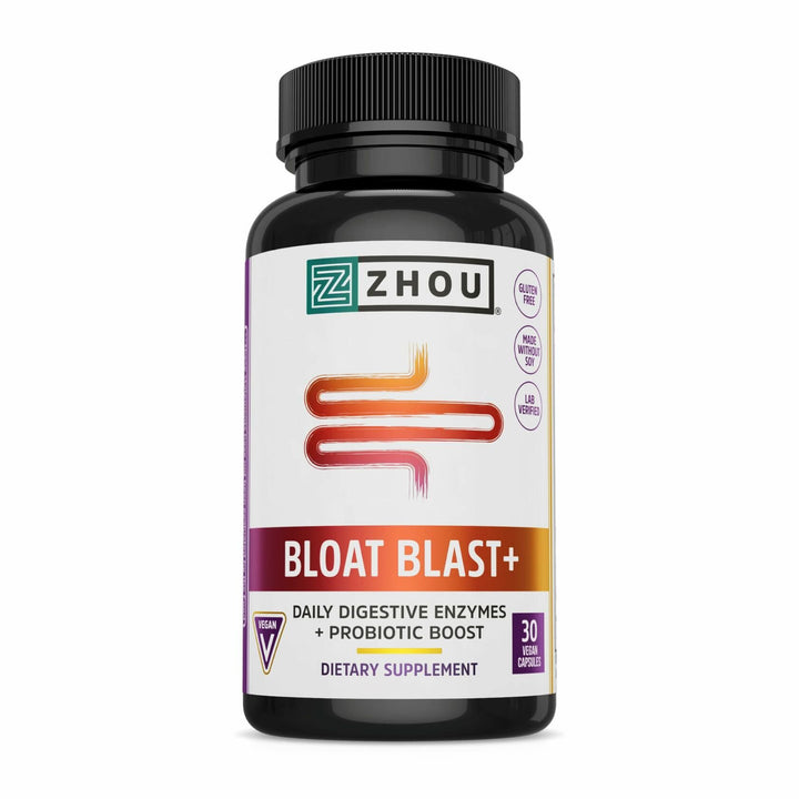 Zhou Nutrition Bloat Blast+ - Digestive Support Supplement for Women &amp; Men, Daily Digestive Enzymes with Probiotics for Gut Health, Gluten Free, Vegan - 30 Veggie Capsules