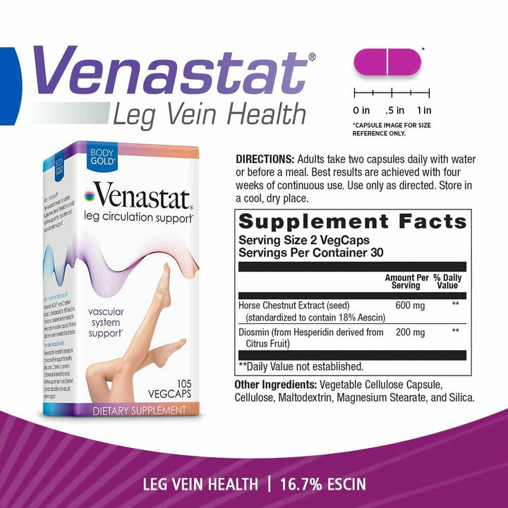 Body Gold Venastat - Leg Vein Support Supplements, Circulation Supplements with Horse Chestnut &amp; Diosmin for Men &amp; Women, Healthy Blood Flow - 105 Veggie Capsules