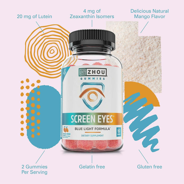 Zhou Screen Eyes Gummies - Lutein Gummies for Eye Health, Lutein and Zeaxanthin for Adults &amp; Kids, Supports Eyesight, Blue Light Vision Health Formula - 60 Count