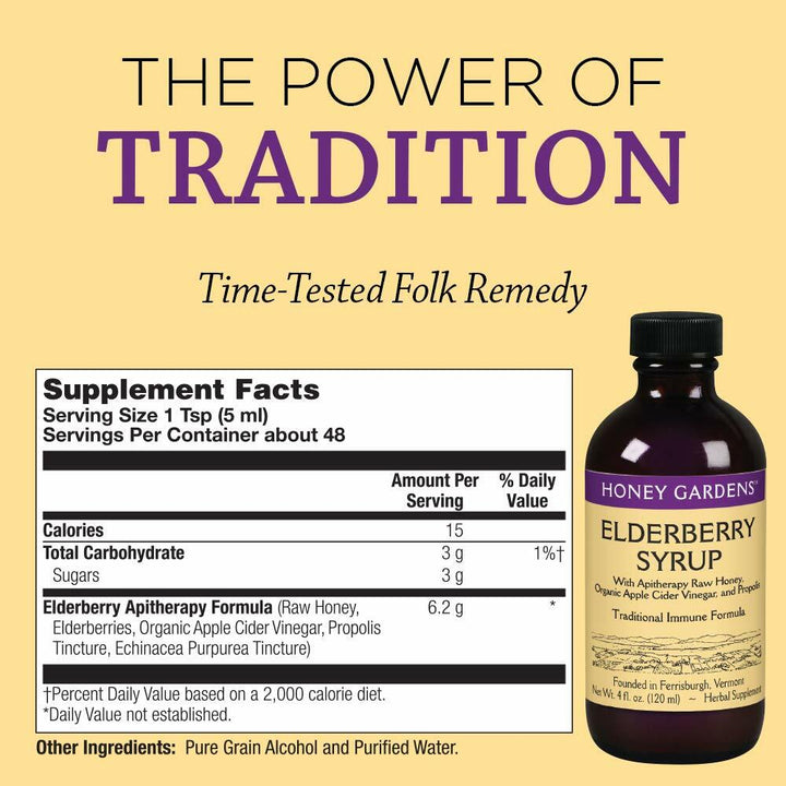 Honey Gardens Elderberry Syrup with Grade A Raw Honey, Propolis, Organic ACV &amp; Elderberries | Traditional Immune Formula w/Echinacea | Made in The USA (4oz, 2pk)
