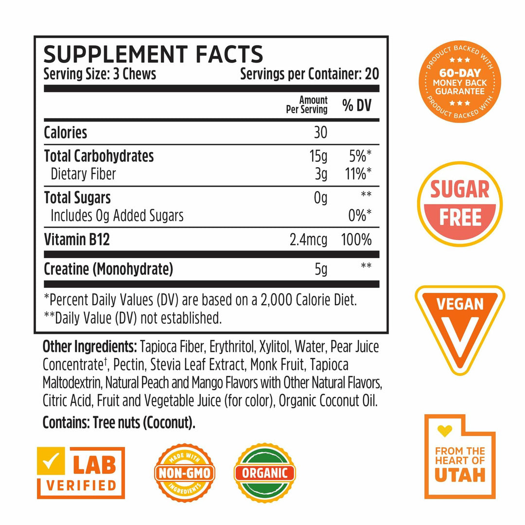 ZHOU Creatine Chews - Creatine Monohydrate Gummies for Men &amp; Women with Vitamin B12, Sugar Free, Vegan, Organic, Non GMO, 5g Per Serving - Peach Mango Flavor, 20 Servings, 60 Chews