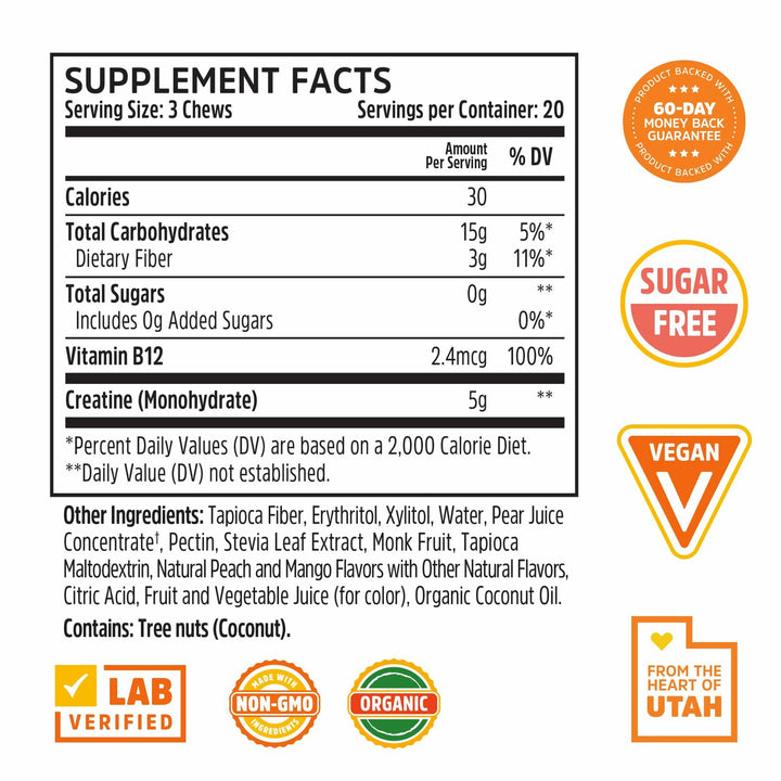 ZHOU Creatine Chews - Creatine Monohydrate Gummies for Men &amp; Women with Vitamin B12, Sugar Free, Vegan, Organic, Non GMO, 5g Per Serving - Peach Mango Flavor, 20 Servings, 60 Chews