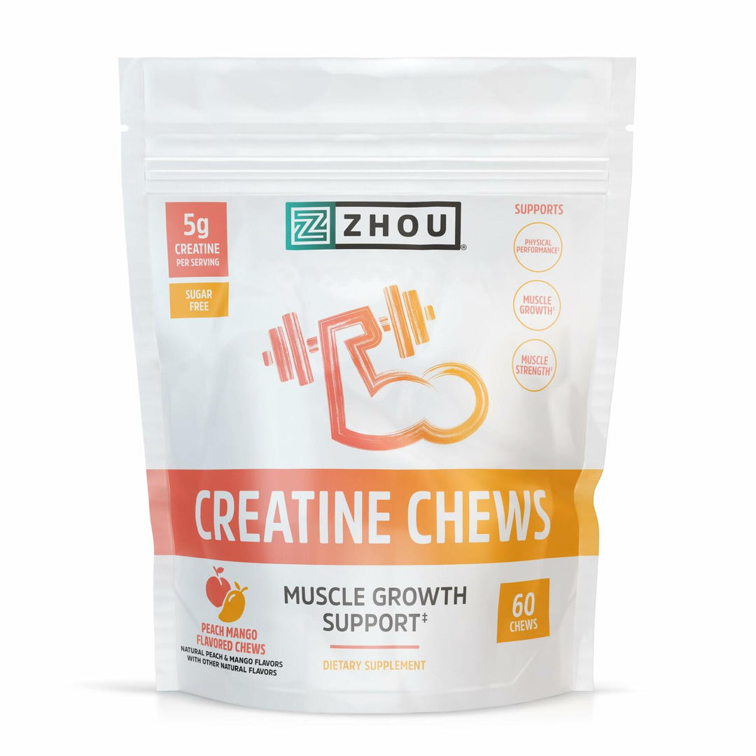 ZHOU Creatine Chews - Creatine Monohydrate Gummies for Men &amp; Women with Vitamin B12, Sugar Free, Vegan, Organic, Non GMO, 5g Per Serving - Peach Mango Flavor, 20 Servings, 60 Chews