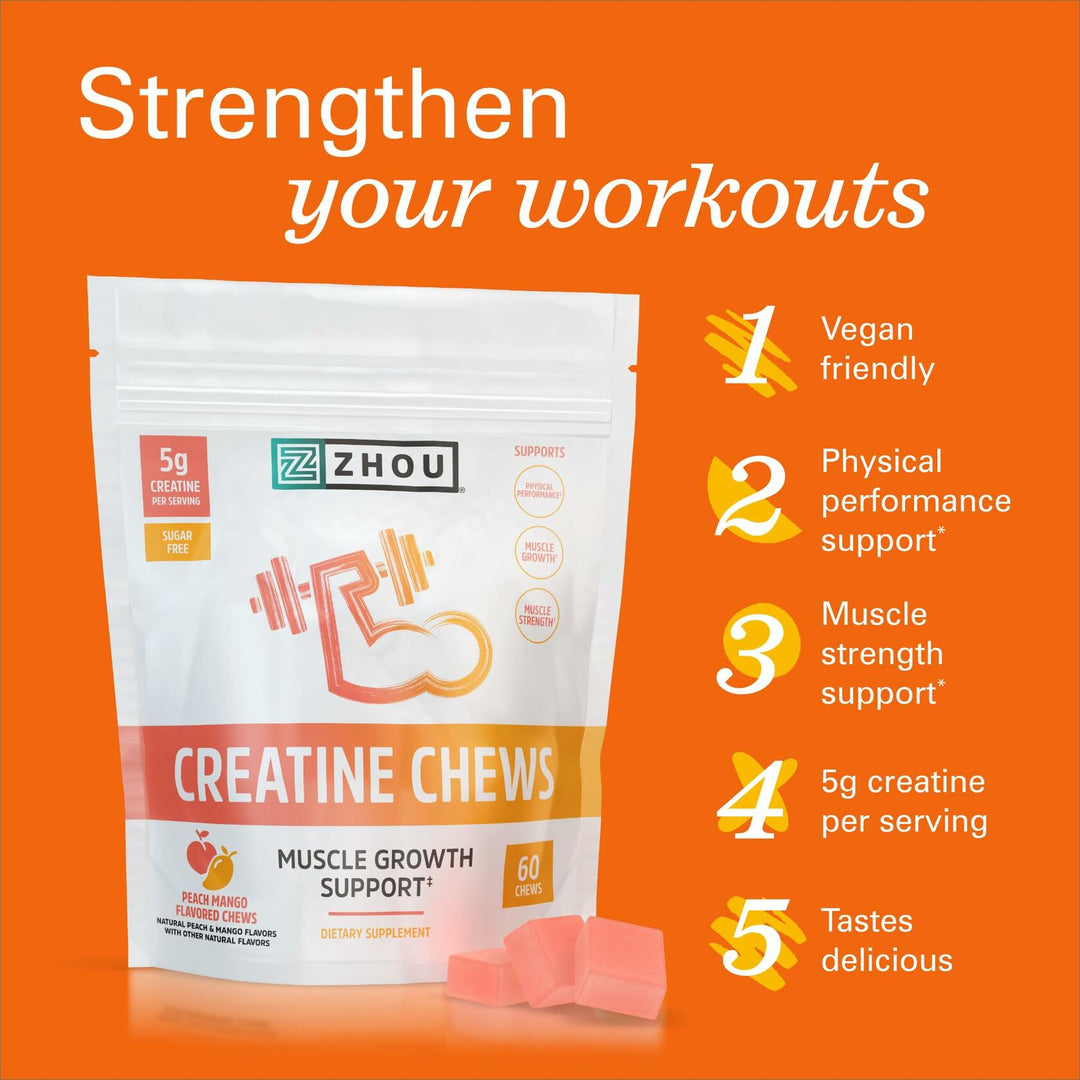 ZHOU Creatine Chews - Creatine Monohydrate Gummies for Men &amp; Women with Vitamin B12, Sugar Free, Vegan, Organic, Non GMO, 5g Per Serving - Peach Mango Flavor, 20 Servings, 60 Chews