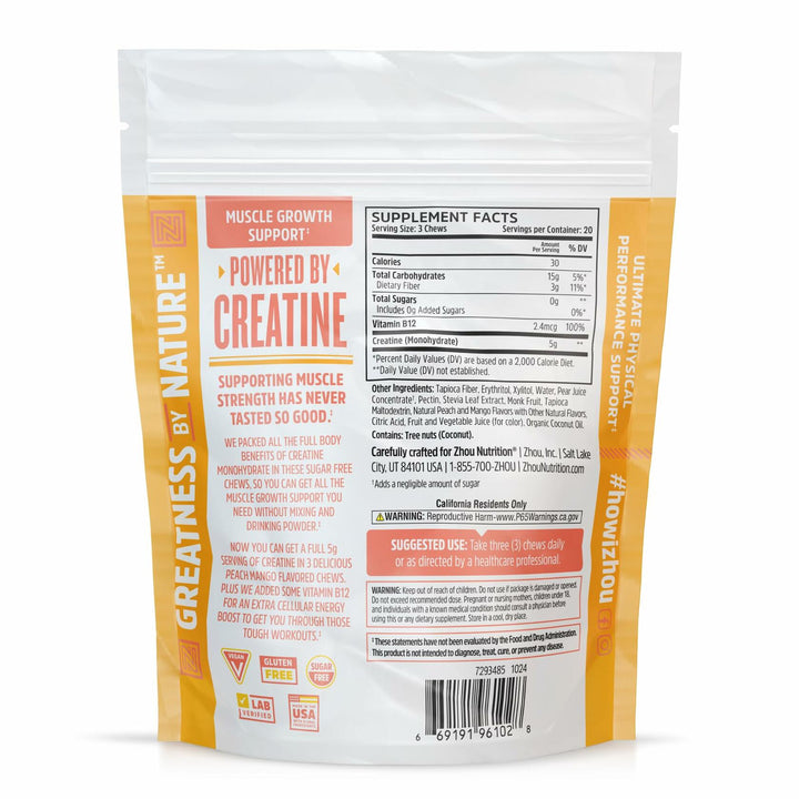 ZHOU Creatine Chews - Creatine Monohydrate Gummies for Men &amp; Women with Vitamin B12, Sugar Free, Vegan, Organic, Non GMO, 5g Per Serving - Peach Mango Flavor, 20 Servings, 60 Chews