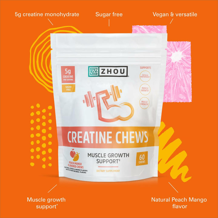 ZHOU Creatine Chews - Creatine Monohydrate Gummies for Men &amp; Women with Vitamin B12, Sugar Free, Vegan, Organic, Non GMO, 5g Per Serving - Peach Mango Flavor, 20 Servings, 60 Chews