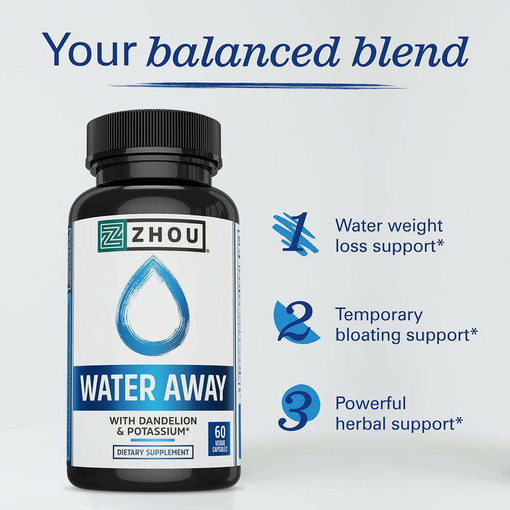 ZHOU Water Away - Natural Water Pills for Women &amp; Men with Dandelion, Potassium, Cranberry and Green Tea, Cellular Energy and Metabolic Health - 60 Veggie Capsules (Pack of 1)